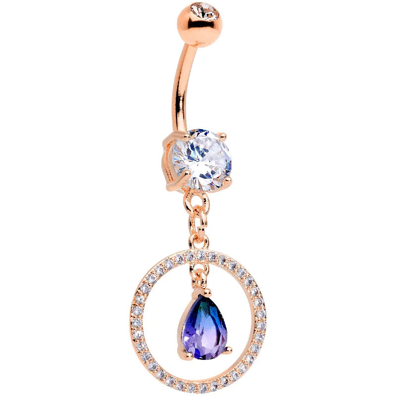 Sparkling Belly Rings with Gemstone Detailing -Blue Green CZ Gem Rose Gold Tone Drop Loop Dangle Belly Ring Sparkling Belly Rings with Gemstone Detailing -Blue Green CZ Gem Rose Gold Tone Drop Loop Dangle Belly Ring