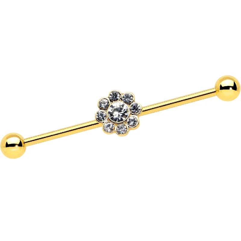 Women's Earrings – Elegant Designs for Every Personality--14 Gauge Clear Gem Gold Tone Whimsy Flower Industrial Barbell 38mm