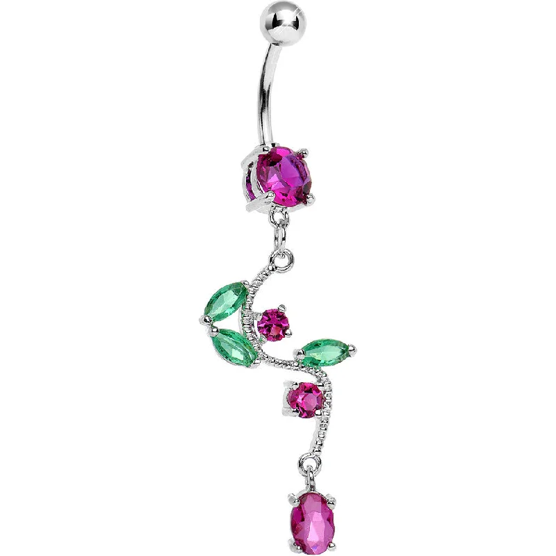 Belly Rings for Trendy Piercing Styles -Pink Gem Budding Flower Vine Dangle Belly Ring Belly Rings for Trendy Piercing Styles -Pink Gem Budding Flower Vine Dangle Belly Ring