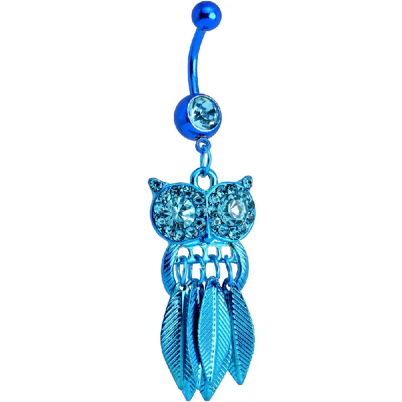 Trendy Belly Rings with Stylish Accents -Aqua Gem Blue Stainless Steel Astute Owl Dangle Belly Ring Trendy Belly Rings with Stylish Accents -Aqua Gem Blue Stainless Steel Astute Owl Dangle Belly Ring