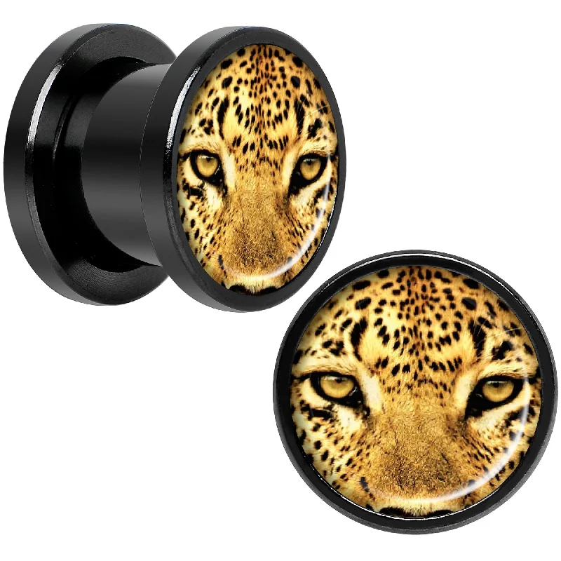 Women's Earrings – Elegant Designs for Every Personality--Full Color Leopard Eyes Black Anodized Screw Fit Plug Set 00 Gauge