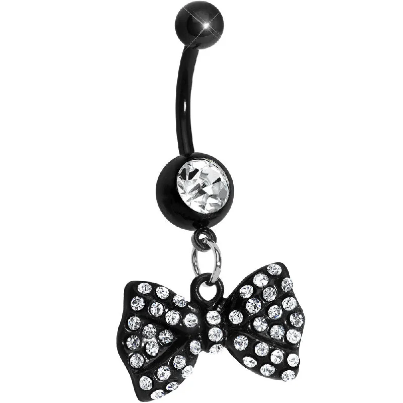 Trendy Belly Rings with Radiant Stones -Black Crystalline Gem Paved Bow Dangle Belly Ring Trendy Belly Rings with Radiant Stones -Black Crystalline Gem Paved Bow Dangle Belly Ring