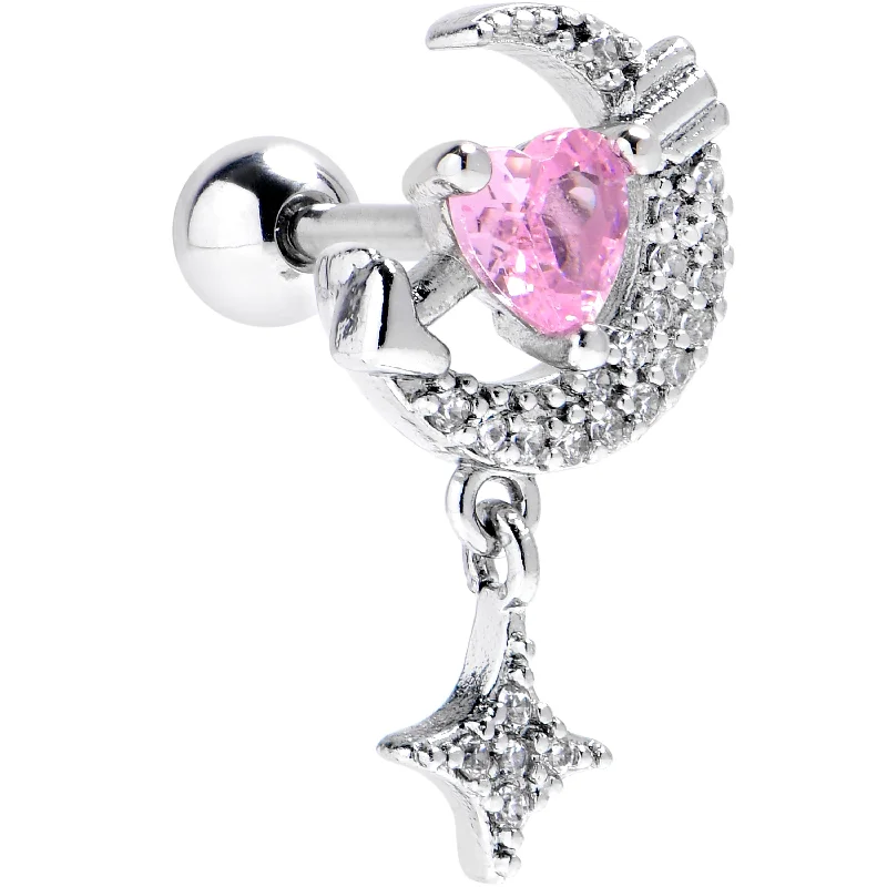 Women's Earrings – Elegant Designs for Every Personality--16 Gauge 1/4 Pink CZ Gem Moon Lover Cartilage Tragus Earring Women's Earrings – Elegant Designs for Every Personality--16 Gauge 1/4 Pink CZ Gem Moon Lover Cartilage Tragus Earring