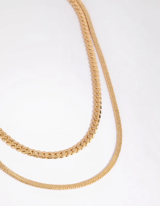 Shop Classic Women's Necklaces & Pendants with a Modern Twist-Gold Plated Herringbone & Snake Layered Necklace Shop Classic Women's Necklaces & Pendants with a Modern Twist-Gold Plated Herringbone & Snake Layered Necklace