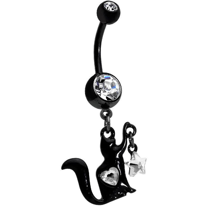 Elegant Belly Rings for Chic Fashionistas -Clear Gem Black Paw That Holds The Stars Cat Dangle Belly Ring Elegant Belly Rings for Chic Fashionistas -Clear Gem Black Paw That Holds The Stars Cat Dangle Belly Ring