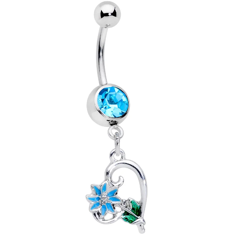 Belly Rings for Special Occasions -Aqua Gem Sweet Flower Heart Dangle Belly Ring