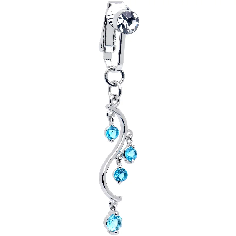 Stylish Belly Rings for Bold Fashion Choices -Blue CZ Gem Swirl Dangle Clip on Fake Belly Ring Stylish Belly Rings for Bold Fashion Choices -Blue CZ Gem Swirl Dangle Clip on Fake Belly Ring