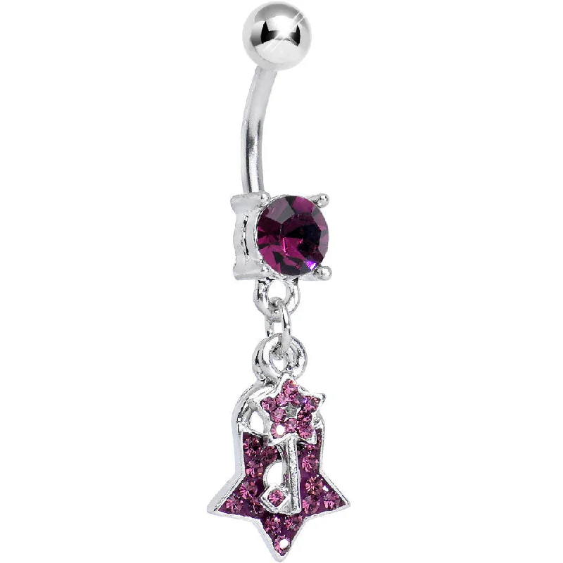 Elegant Belly Rings with Unique Details -Purple Gem Double Dazzling Star Lock and Key Dangle Belly Ring Elegant Belly Rings with Unique Details -Purple Gem Double Dazzling Star Lock and Key Dangle Belly Ring