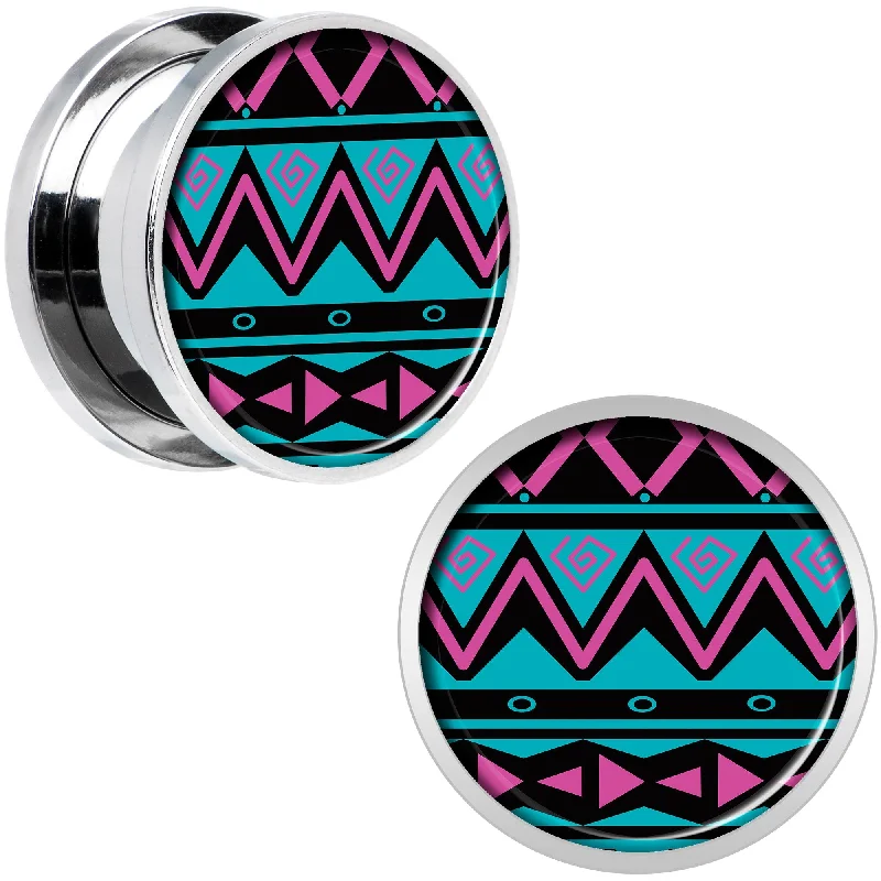 Women's Earrings – Elegant Designs for Every Personality--Pink Teal Tribal Print Steel Screw Fit Plug Set 5/8 Women's Earrings – Elegant Designs for Every Personality--Pink Teal Tribal Print Steel Screw Fit Plug Set 5/8