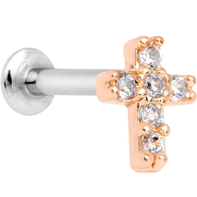 Women's Earrings – Elegant Designs for Every Personality--5/16 Clear CZ Rose Gold Tone Internally Threaded Cross Labret Monroe Women's Earrings – Elegant Designs for Every Personality--5/16 Clear CZ Rose Gold Tone Internally Threaded Cross Labret Monroe