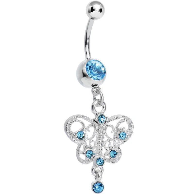 Designer Belly Rings with Unique Details -Aqua Gem Hollow Butterfly Swirl Dangle Belly Ring Designer Belly Rings with Unique Details -Aqua Gem Hollow Butterfly Swirl Dangle Belly Ring