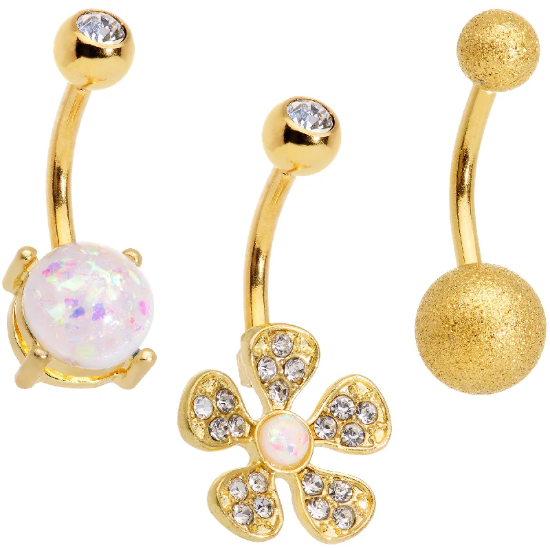 Designer Belly Rings for Unique Shine -Clear Gem White Faux Opal Flower Gold Tone Belly Ring Set of 3 Designer Belly Rings for Unique Shine -Clear Gem White Faux Opal Flower Gold Tone Belly Ring Set of 3