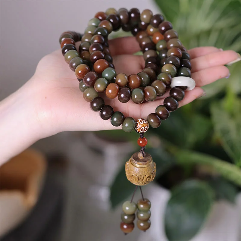 Men's Cuff Bracelets with Engraving-Buddha Stones 108 Mala Beads Dunhuang Color Bodhi Seed Dzi Bead Keep Away Evil Spirits Bracelet