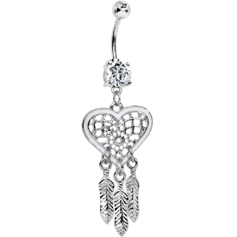 Trendy Belly Rings for Exclusive Fashion -Crystalline CZ White Heart Dreamcatcher Dangle Belly Ring Trendy Belly Rings for Exclusive Fashion -Crystalline CZ White Heart Dreamcatcher Dangle Belly Ring