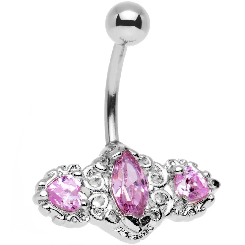 Comfortable Belly Rings for Everyday Fashion -Pink Triple Gem Deco Frame Bottom Mount Belly Ring Comfortable Belly Rings for Everyday Fashion -Pink Triple Gem Deco Frame Bottom Mount Belly Ring