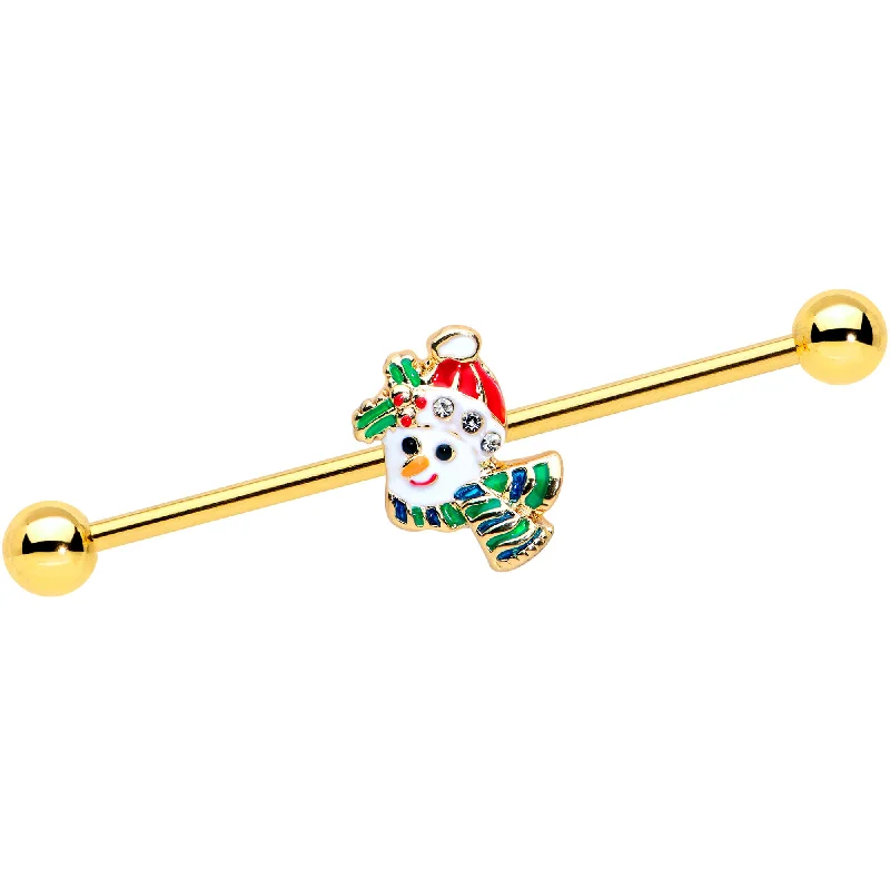 Women's Earrings – Elegant Designs for Every Personality--14 Gauge Clear Gem Gold Tone Snowman Christmas Industrial Barbell 38mm
