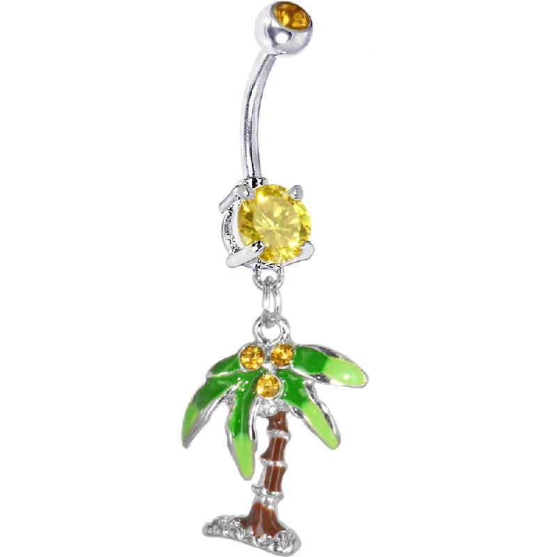 Stunning Belly Rings for Special Occasions -Citrine Gem PALM TREE Dangle Belly Ring