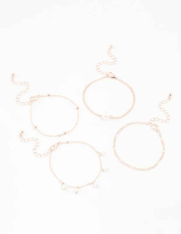Sturdy Bangles for Women-Rose Gold Pearl Drop Bracelets 4-Pack