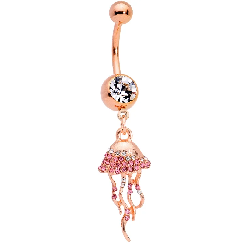 Belly Rings with Unique Shape Designs -Clear Gem Rose Gold Tone Joyous Jellyfish Dangle Belly Ring Belly Rings with Unique Shape Designs -Clear Gem Rose Gold Tone Joyous Jellyfish Dangle Belly Ring