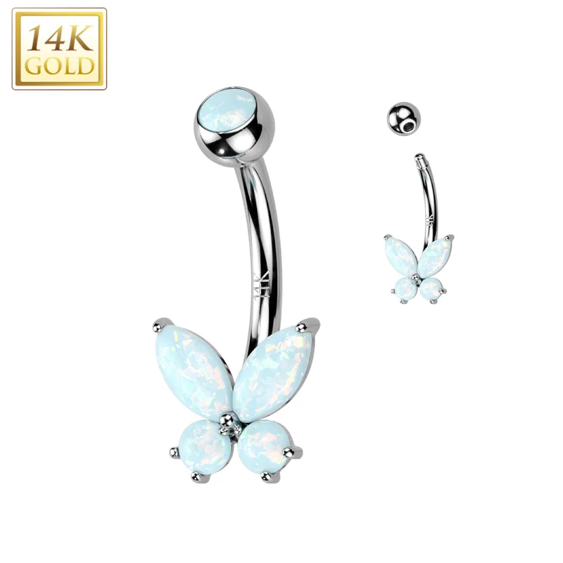Designer Belly Rings for Trendy Women -14kt Solid White Gold Synthetic Opal Butterfly Belly Ring Designer Belly Rings for Trendy Women -14kt Solid White Gold Synthetic Opal Butterfly Belly Ring
