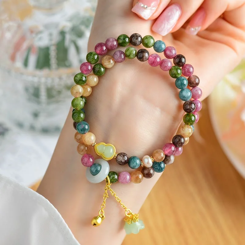 Unique Gemstone Bangles for Women-Buddha Stones Multicolored Tourmaline Gourd Wisdom Double Wrap Lily Of The Valley Charm Bracelet Unique Gemstone Bangles for Women-Buddha Stones Multicolored Tourmaline Gourd Wisdom Double Wrap Lily Of The Valley Charm Bracelet