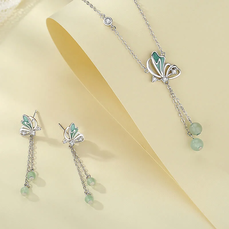 Women's Earrings – Elegant Designs for Every Personality--Buddha Stones 925 Sterling Silver Natural Green Aventurine Butterfly Luck Necklace Pendant Earrings Set