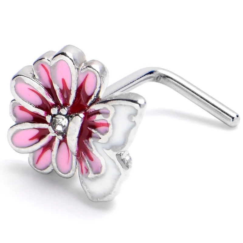 Nose Rings with Sparkling Stone Details -20 Gauge 1/4 Clear CZ Gem Butterfly Blossom Pink L Shape Nose Ring Nose Rings with Sparkling Stone Details -20 Gauge 1/4 Clear CZ Gem Butterfly Blossom Pink L Shape Nose Ring