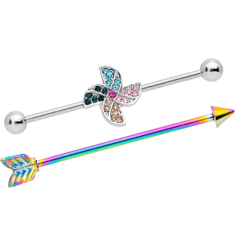 Women's Earrings – Elegant Designs for Every Personality--14 Gauge Rainbow Gem Pinwheel and Arrow Industrial Barbell Set 38mm Women's Earrings – Elegant Designs for Every Personality--14 Gauge Rainbow Gem Pinwheel and Arrow Industrial Barbell Set 38mm
