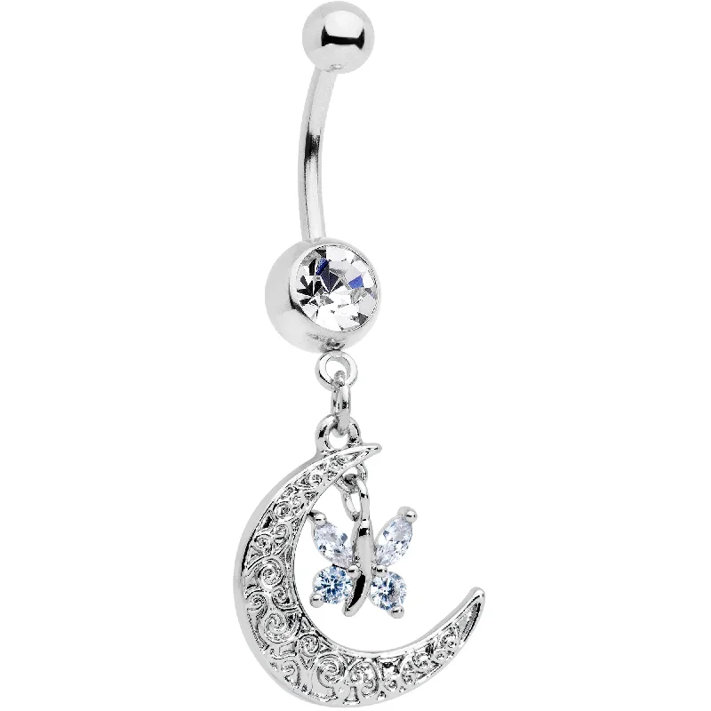 Comfortable Belly Rings for Casual Fashion -Clear Gem Crescent Moon Butterfly Dangle Belly Ring Comfortable Belly Rings for Casual Fashion -Clear Gem Crescent Moon Butterfly Dangle Belly Ring