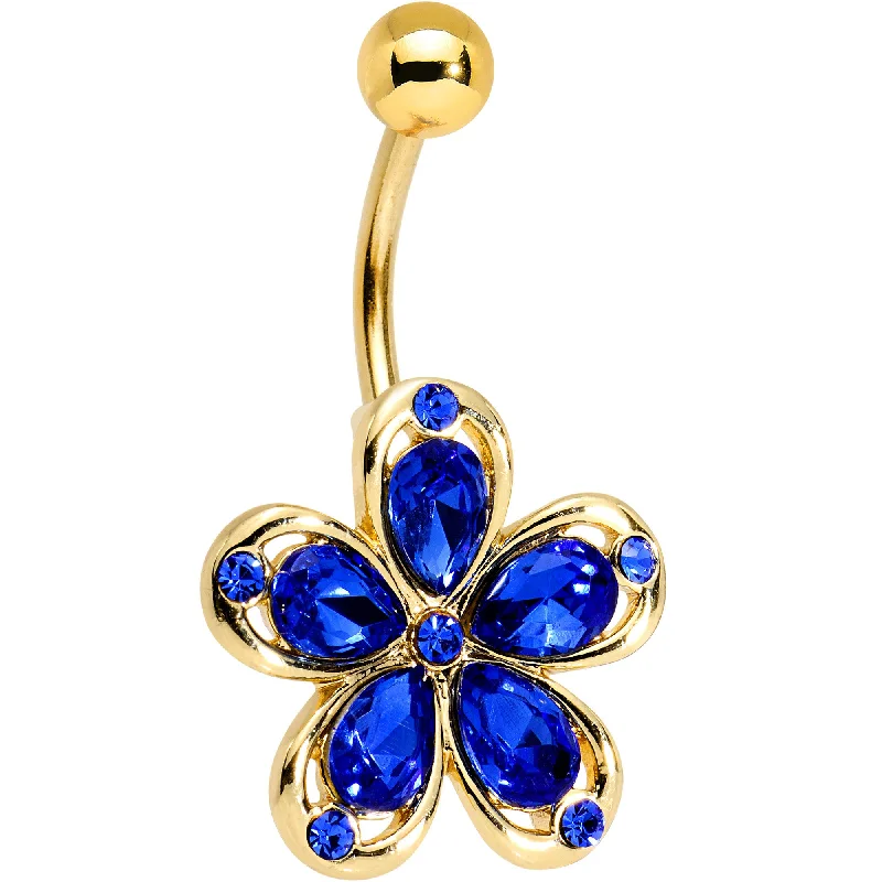 Belly Rings with Silver Finish -Blue Gem Gold PVD Zinnia Flower Belly Ring