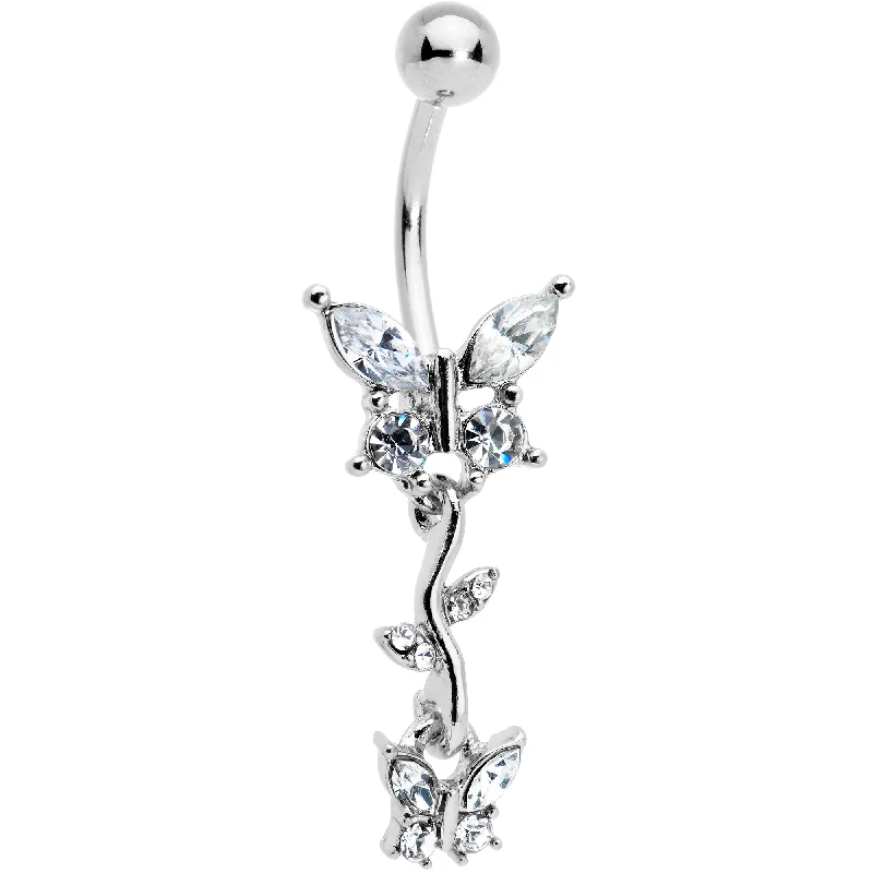 Stylish Belly Rings for Exclusive Appeal -Clear Gem Vine Butterfly Dangle Belly Ring Stylish Belly Rings for Exclusive Appeal -Clear Gem Vine Butterfly Dangle Belly Ring