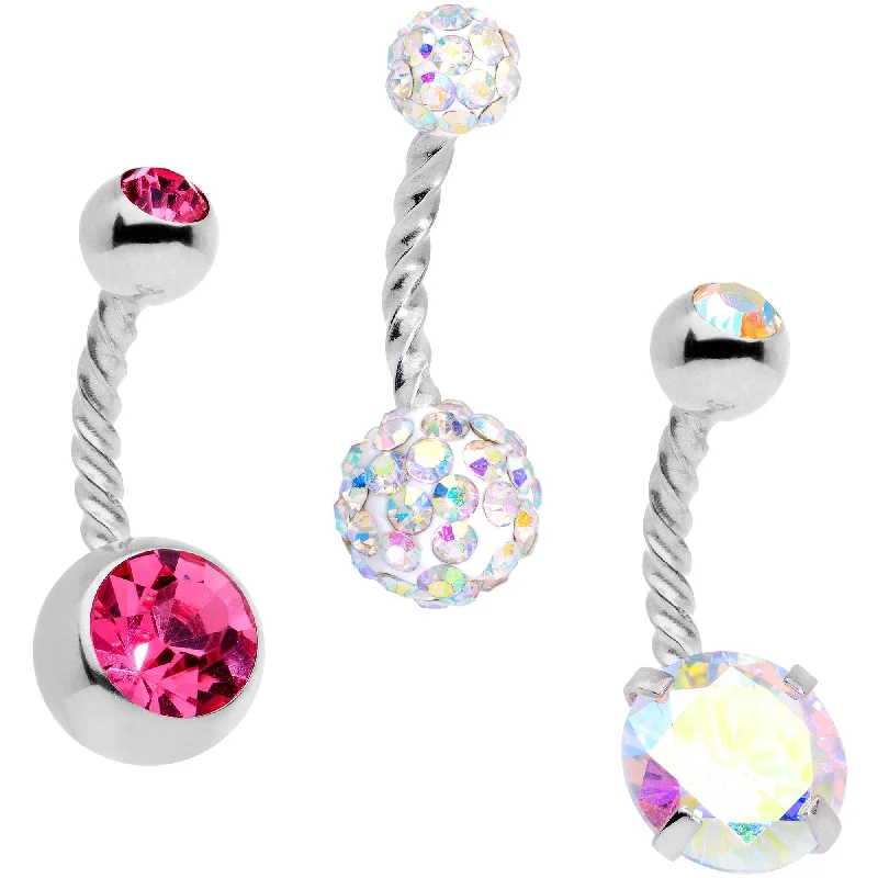 Stylish Belly Rings for Elegant Looks -Pink Aurora Gem Twisted Disco Ball Belly Ring Set of 3 Stylish Belly Rings for Elegant Looks -Pink Aurora Gem Twisted Disco Ball Belly Ring Set of 3