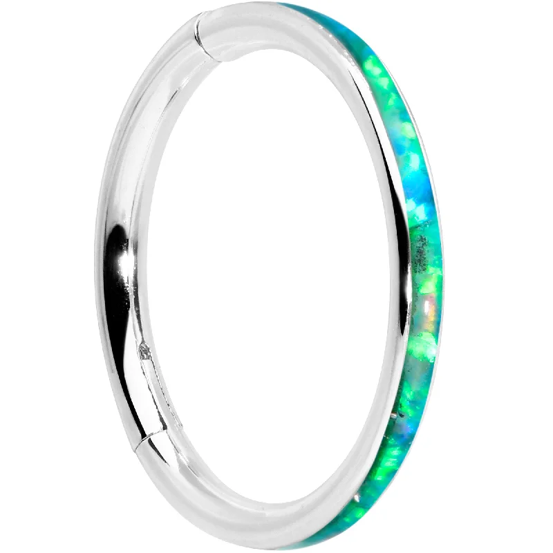 Unique Lip Rings for Fashion Lovers16 Gauge 3/8 Green Synthetic Opal Forward Facing Hinged Segment Ring