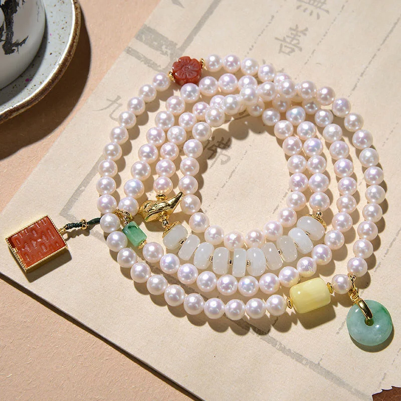 Luxury Silver Bangles for Women-Buddha Stones 925 Sterling Silver Pearl Hetian Jade Red Agate Double Happiness Amber Luck Quadruple Wrap Bracelet Luxury Silver Bangles for Women-Buddha Stones 925 Sterling Silver Pearl Hetian Jade Red Agate Double Happiness Amber Luck Quadruple Wrap Bracelet