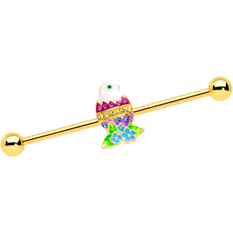 Women's Earrings – Elegant Designs for Every Personality--14 Gauge Gold Tone Hatched Chick Easter Egg Industrial Barbell 38mm