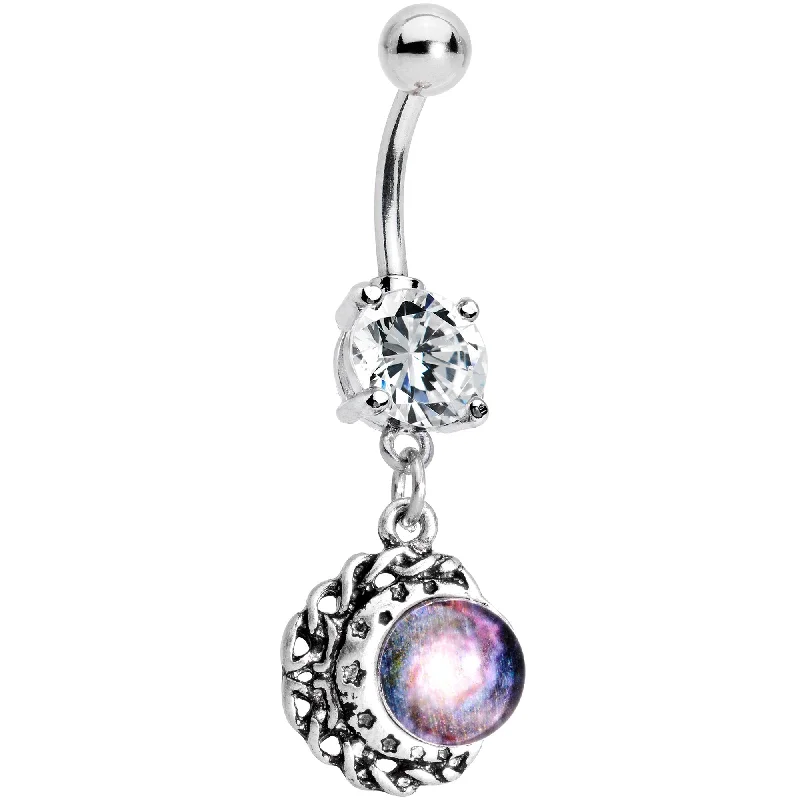 Trendy Belly Rings for Glamorous Looks -Clear CZ Gem Galaxy Crescent Moon Dangle Belly Ring Trendy Belly Rings for Glamorous Looks -Clear CZ Gem Galaxy Crescent Moon Dangle Belly Ring