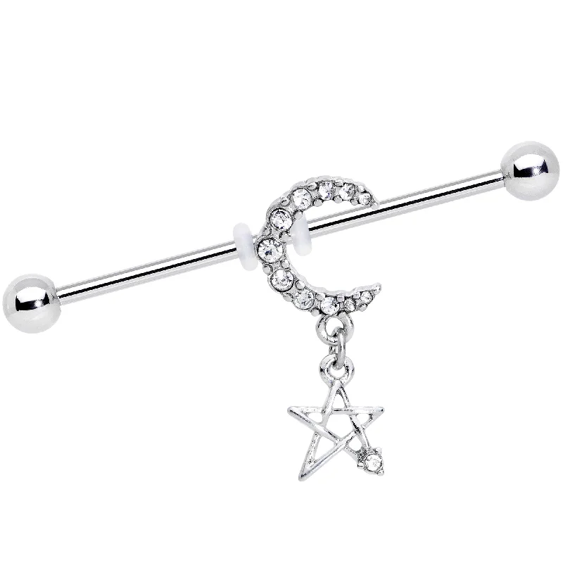 Women's Earrings – Elegant Designs for Every Personality--14 Gauge Clear Gem Moon Star Dangle Industrial Barbell 38mm