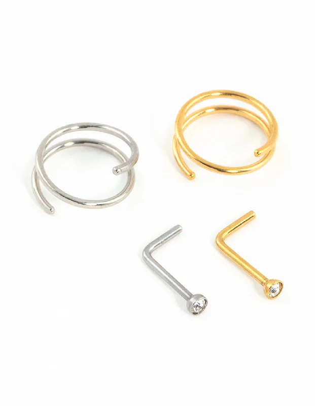 Nose Rings with Oval Shape -Mixed Metals Nose Stud & Spiral 4-Pack