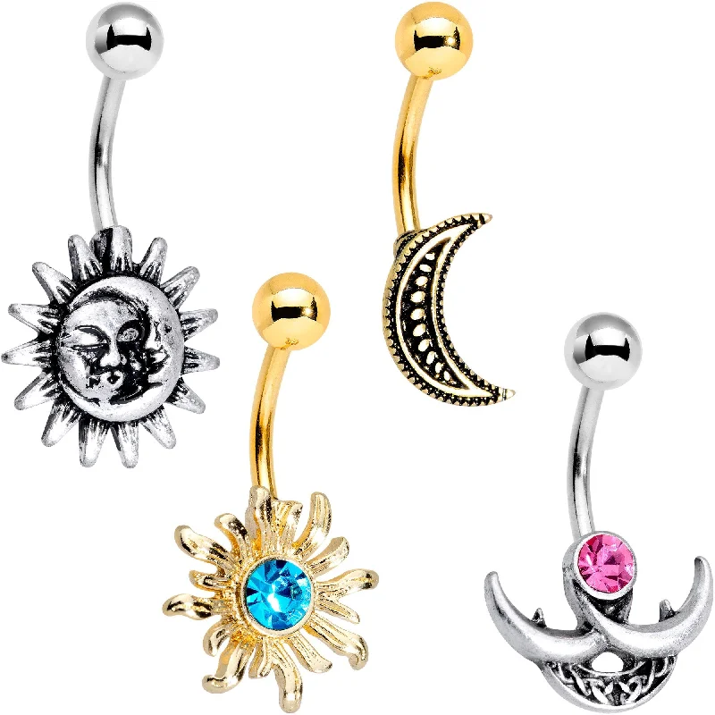Unique Belly Rings with Sparkling Stones -Blue Pink Gem Sun and Moon Goddess Belly Ring Set of 4 Unique Belly Rings with Sparkling Stones -Blue Pink Gem Sun and Moon Goddess Belly Ring Set of 4