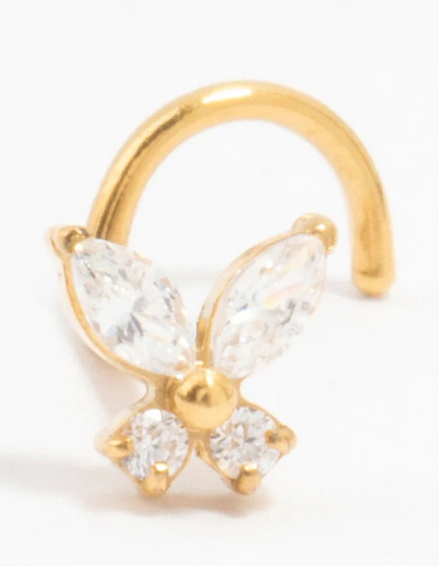 Glamorous Nose Rings for Fashion -Gold Plated Surgical Steel Butterfly Threadless Nose Stud Glamorous Nose Rings for Fashion -Gold Plated Surgical Steel Butterfly Threadless Nose Stud