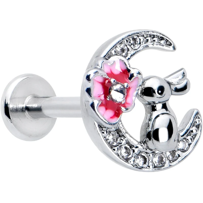 Beautiful Lip Rings with Classic Design16 Gauge 5/16 Clear CZ Gem Rabbit Moon Pink Internally Threaded Labret