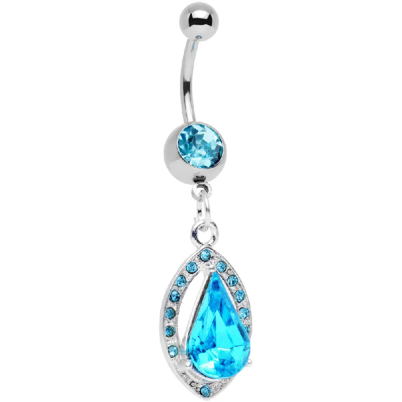 Designer Belly Rings with Stunning Detailing -Aqua Gem Stainless Steel Encaptured Teardrop Dangle Belly Ring Designer Belly Rings with Stunning Detailing -Aqua Gem Stainless Steel Encaptured Teardrop Dangle Belly Ring