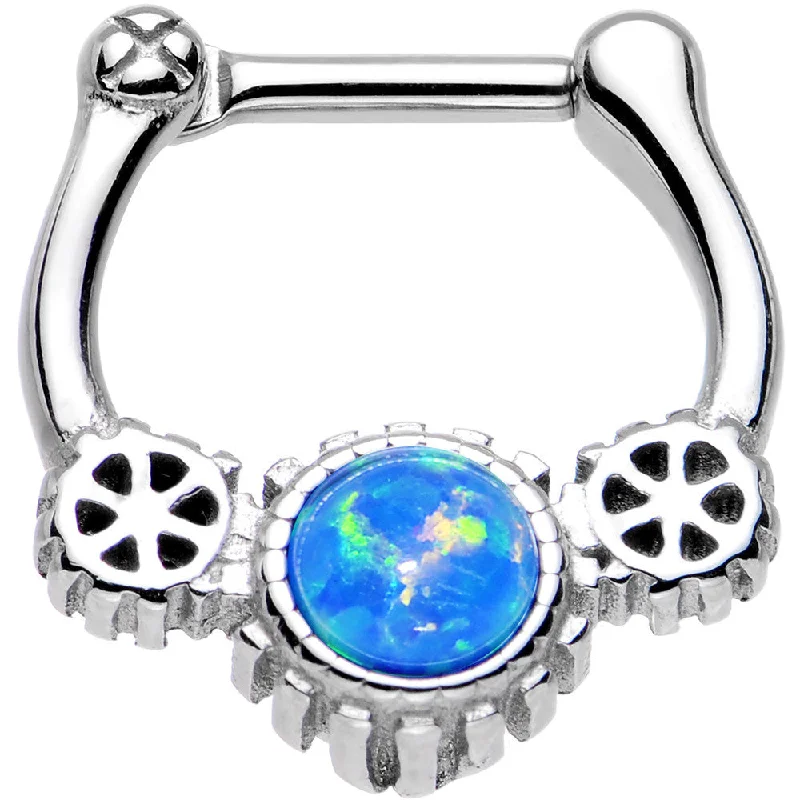 Nose Rings for Edgy Look -16 Gauge 1/4 Blue Synthetic Opal Steel Gear Edge Septum Clicker Nose Rings for Edgy Look -16 Gauge 1/4 Blue Synthetic Opal Steel Gear Edge Septum Clicker