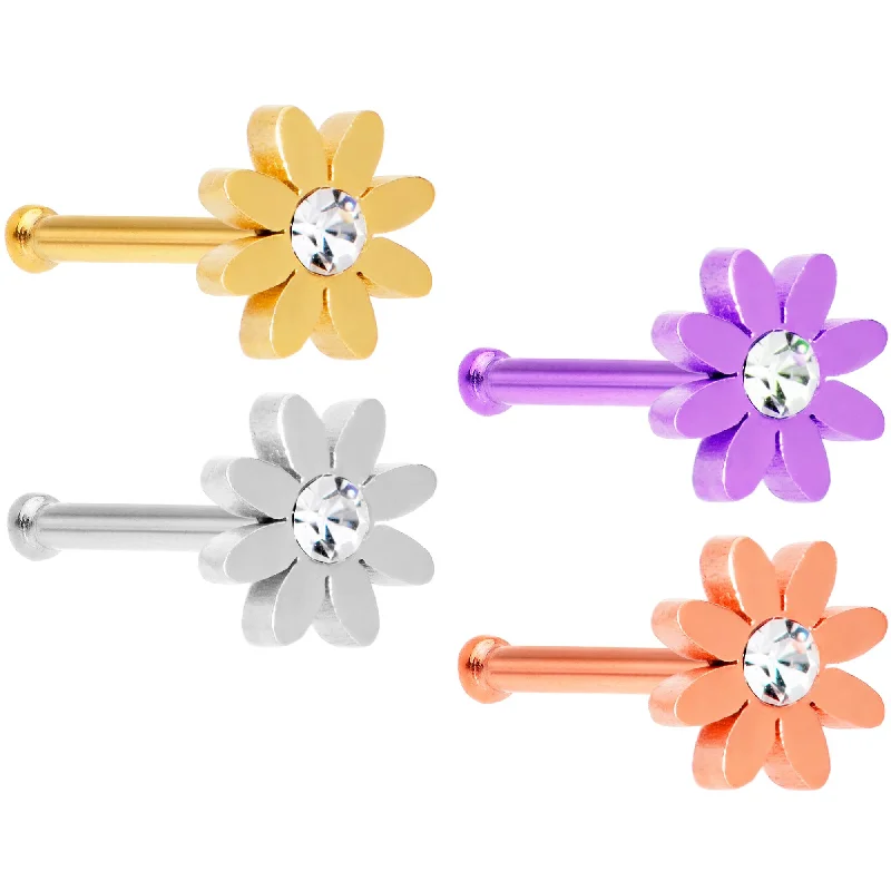Nose Rings with Elegant Patterns -20 Gauge 1/4 Clear Gem Multicolor Flower Nose Bone Set of 4 Nose Rings with Elegant Patterns -20 Gauge 1/4 Clear Gem Multicolor Flower Nose Bone Set of 4