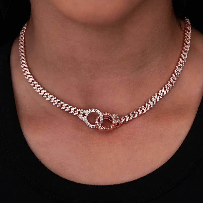 Shop Classic Women's  Necklaces & Pendants with a Modern Twist-Iced Handcuff Diamond Prong Cuban Necklace in Rose Gold