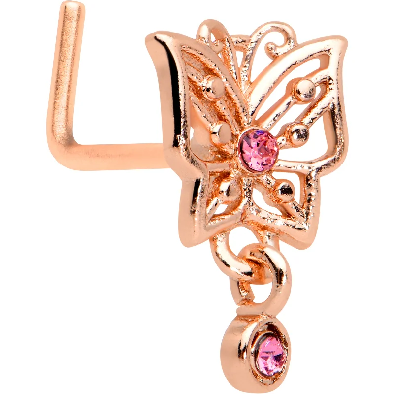 Nose Rings for Classic and Timeless Fashion -20 Gauge 1/4 Pink CZ Gem Rose Gold Hue Geo Butterfly L Shape Nose Ring Nose Rings for Classic and Timeless Fashion -20 Gauge 1/4 Pink CZ Gem Rose Gold Hue Geo Butterfly L Shape Nose Ring