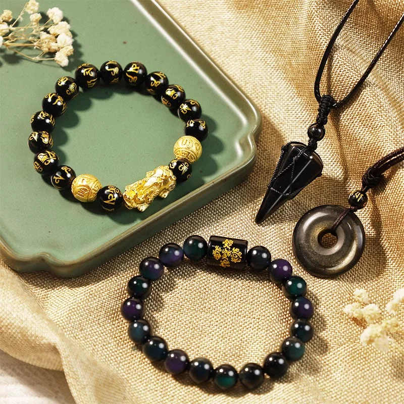 Shiny Bangles for Women-Buddha Stones  Absorbing Negative Energies Obsidian Bundle