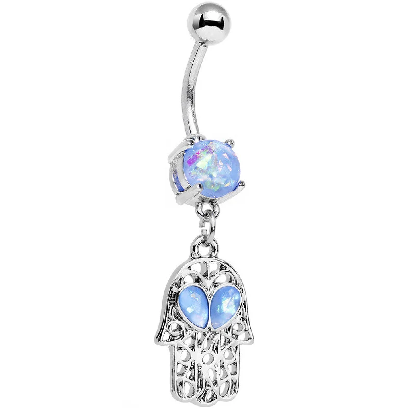 Trendy Belly Rings for Exclusive Fashion -Light Blue Faux Opal Hamsa Hand and Heart Dangle Belly Ring Trendy Belly Rings for Exclusive Fashion -Light Blue Faux Opal Hamsa Hand and Heart Dangle Belly Ring