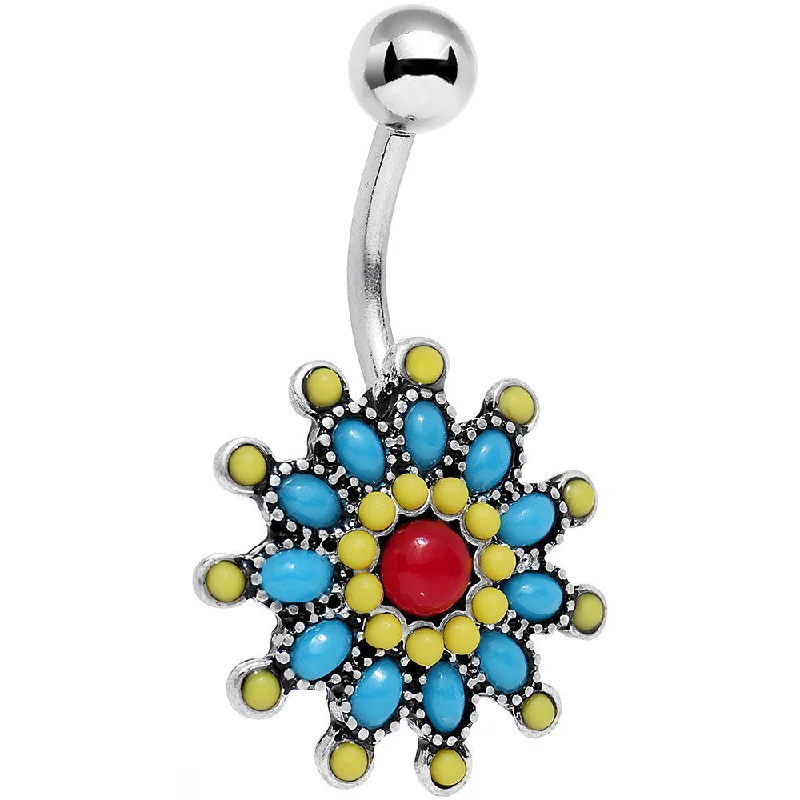 Belly Rings with Gemstones for Sparkling Style -Red Blue Faux Turquoise Southwestern Power Flower Belly Ring Belly Rings with Gemstones for Sparkling Style -Red Blue Faux Turquoise Southwestern Power Flower Belly Ring