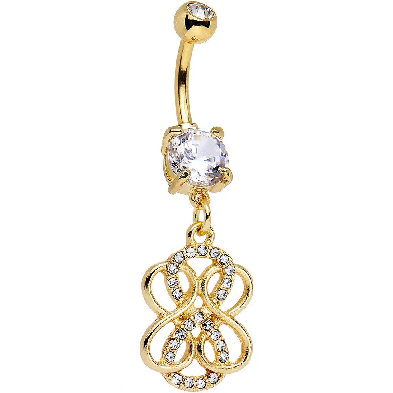 Belly Rings for Bold Fashion Statements -Clear Gem Gold PVD Mobius Strip Infinity Dangle Belly Ring Belly Rings for Bold Fashion Statements -Clear Gem Gold PVD Mobius Strip Infinity Dangle Belly Ring